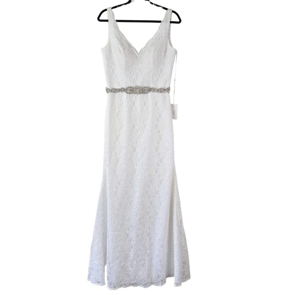 Mori Lee Madeline Gardiner Wedding Dress Lace Beaded Belt V Neck Sleeveless 10
